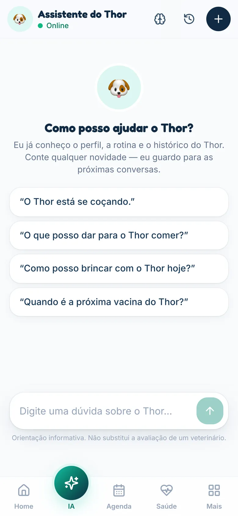 Assistente do KuidaPET com sugestões de perguntas sobre o pet